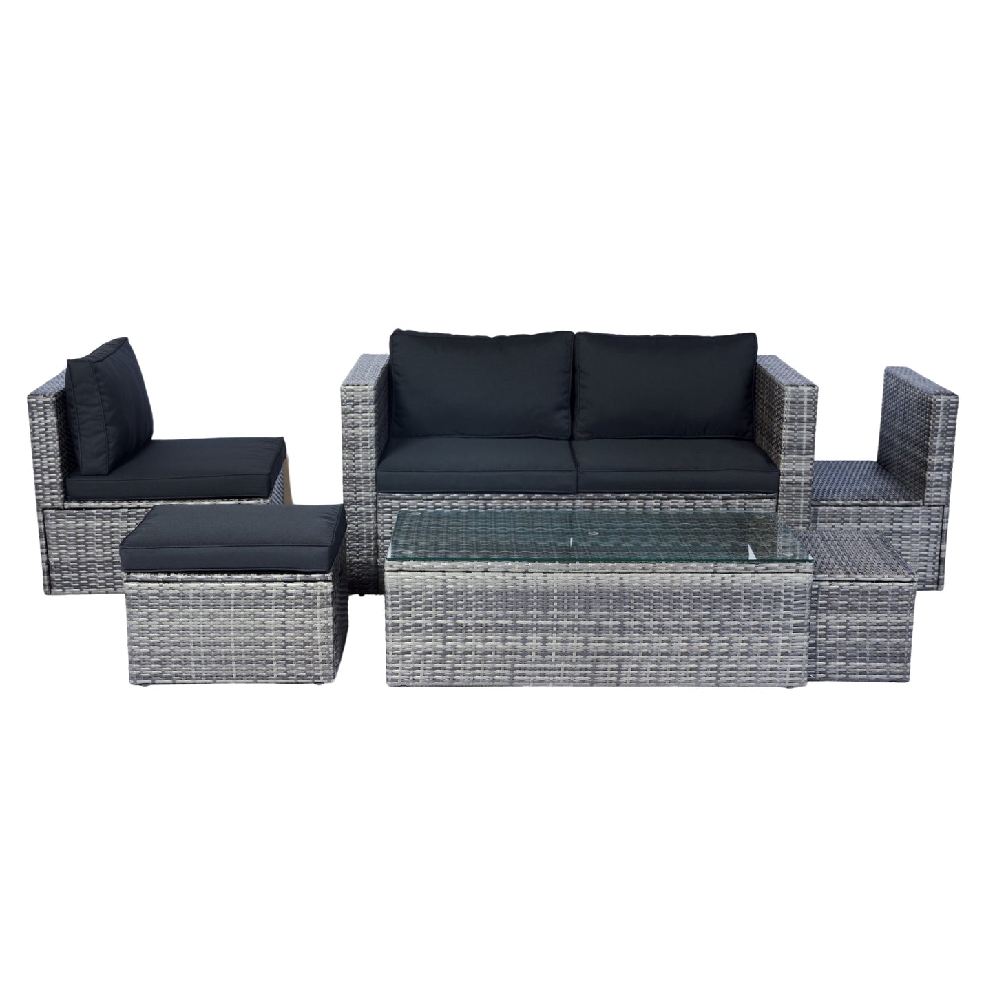 6 Piece Patio Wicker Sectional Set Patio Backyard Conversation Set Space Saving Grey Wicker + Black Cushion