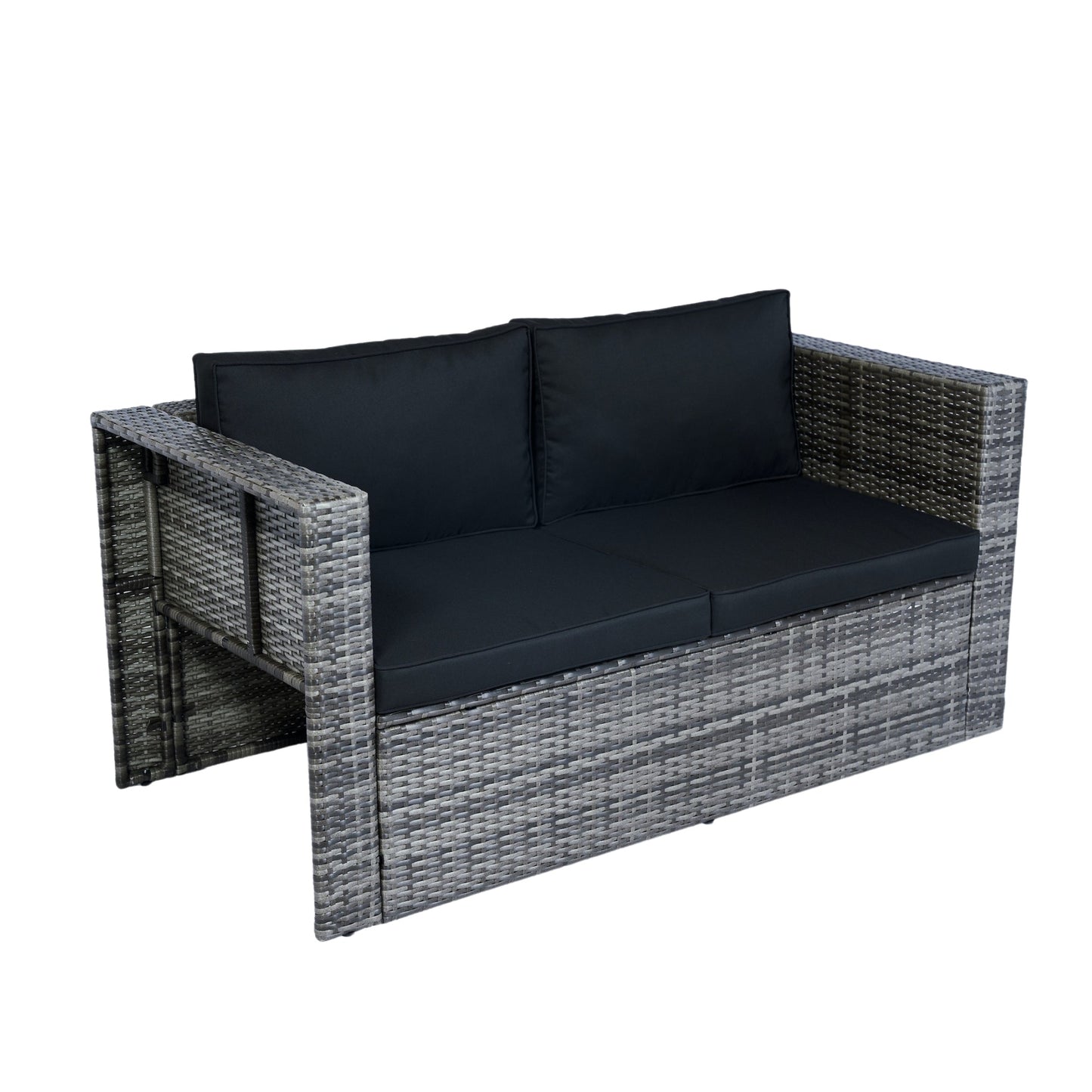 6 Piece Patio Wicker Sectional Set Patio Backyard Conversation Set Space Saving Grey Wicker + Black Cushion