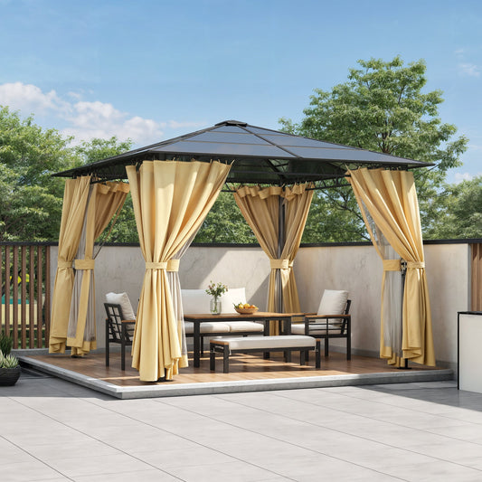 TREXM 10'x10' Hardtop Outdoor Gazebo with Polycarbonate Roof, Patio Gazebo with Aluminum Frame, Mosquito Netting and Privacy Screens for Shade and Rain, Backyard Tent for Backyard, Garden, Lawn(Beige)