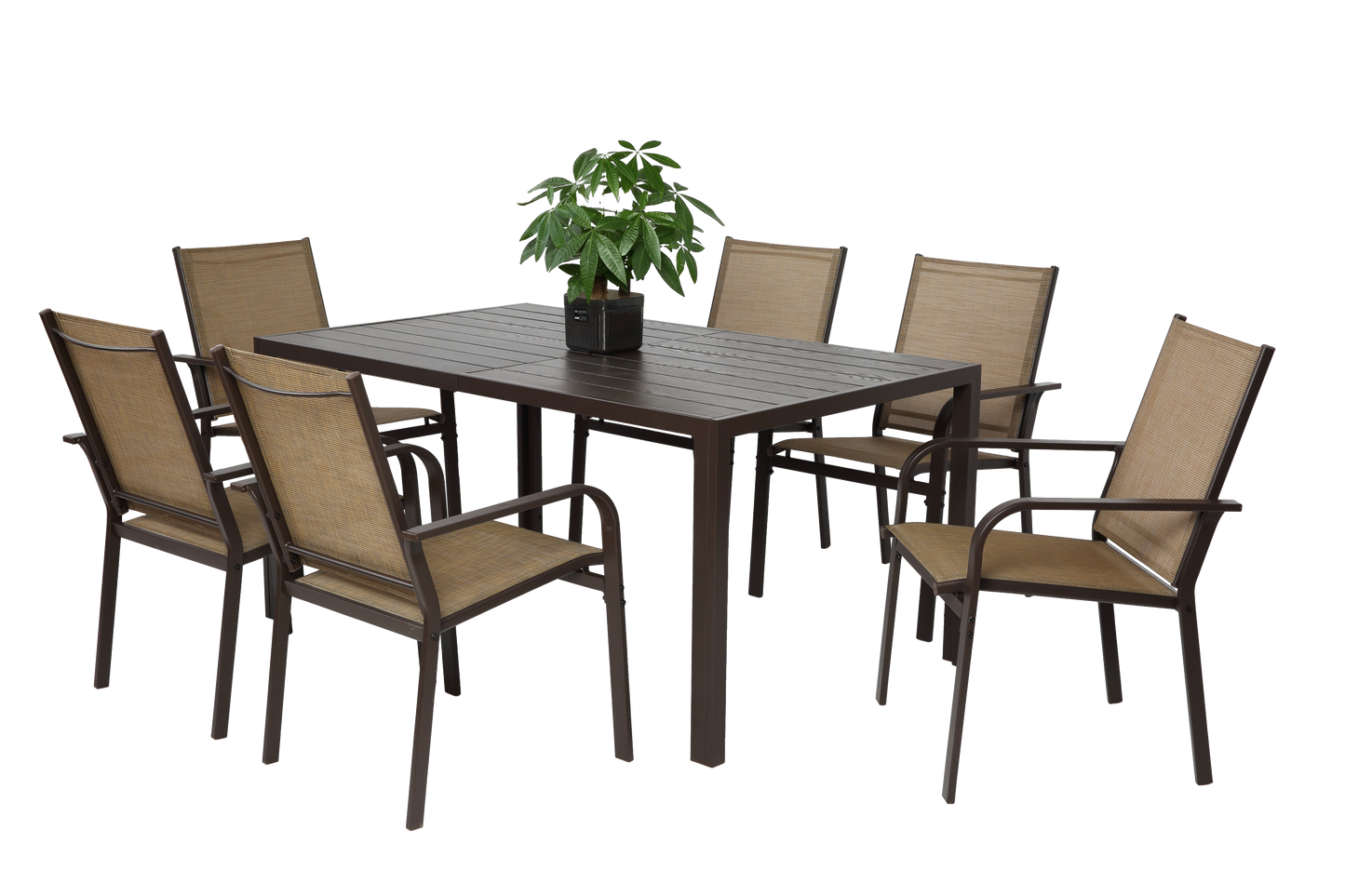 7 Pieces Patio Dining Set, Outdoor Furniture Table and 6 Textilene Chairs, Outdoor Furniture with Rectangular Table and 6 Stackable Chairs Family Conversation Set for Garden Backyard Deck-Brown