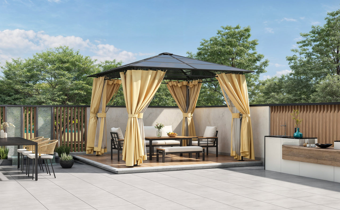 TREXM 10'x10' Hardtop Outdoor Gazebo with Polycarbonate Roof, Patio Gazebo with Aluminum Frame, Mosquito Netting and Privacy Screens for Shade and Rain, Backyard Tent for Backyard, Garden, Lawn(Beige)