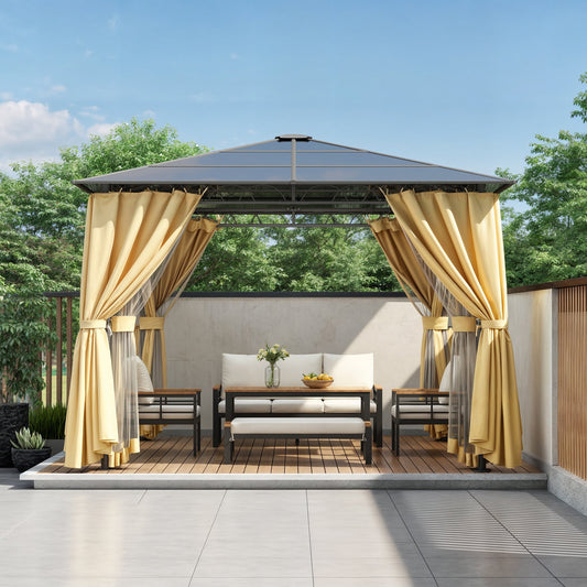 TREXM 10'x10' Hardtop Outdoor Gazebo with Polycarbonate Roof, Patio Gazebo with Aluminum Frame, Mosquito Netting and Privacy Screens for Shade and Rain, Backyard Tent for Backyard, Garden, Lawn(Beige)