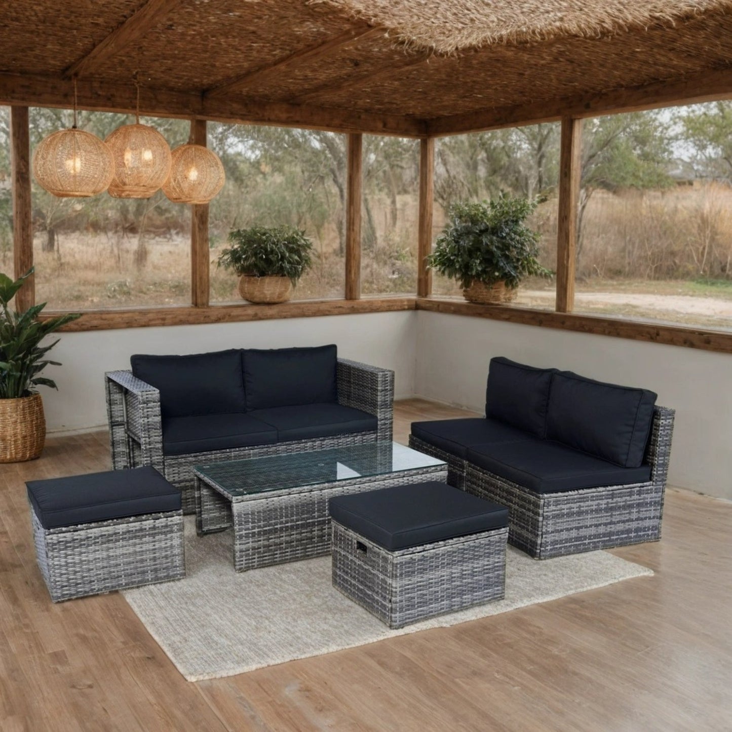 6 Piece Patio Wicker Sectional Set Patio Backyard Conversation Set Space Saving Grey Wicker + Black Cushion