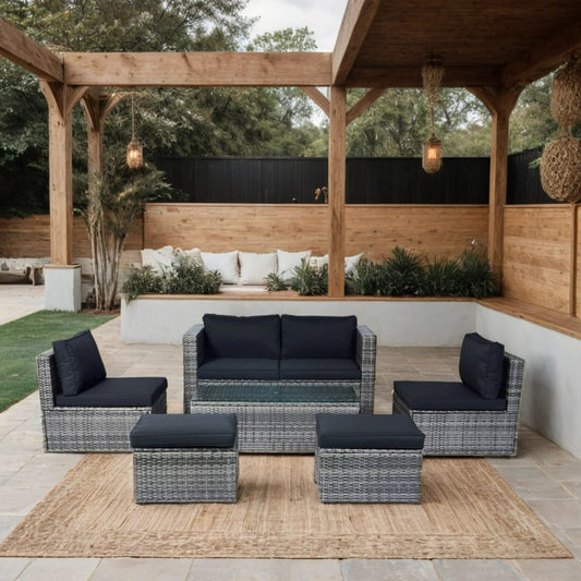6 Piece Patio Wicker Sectional Set Patio Backyard Conversation Set Space Saving Grey Wicker + Black Cushion