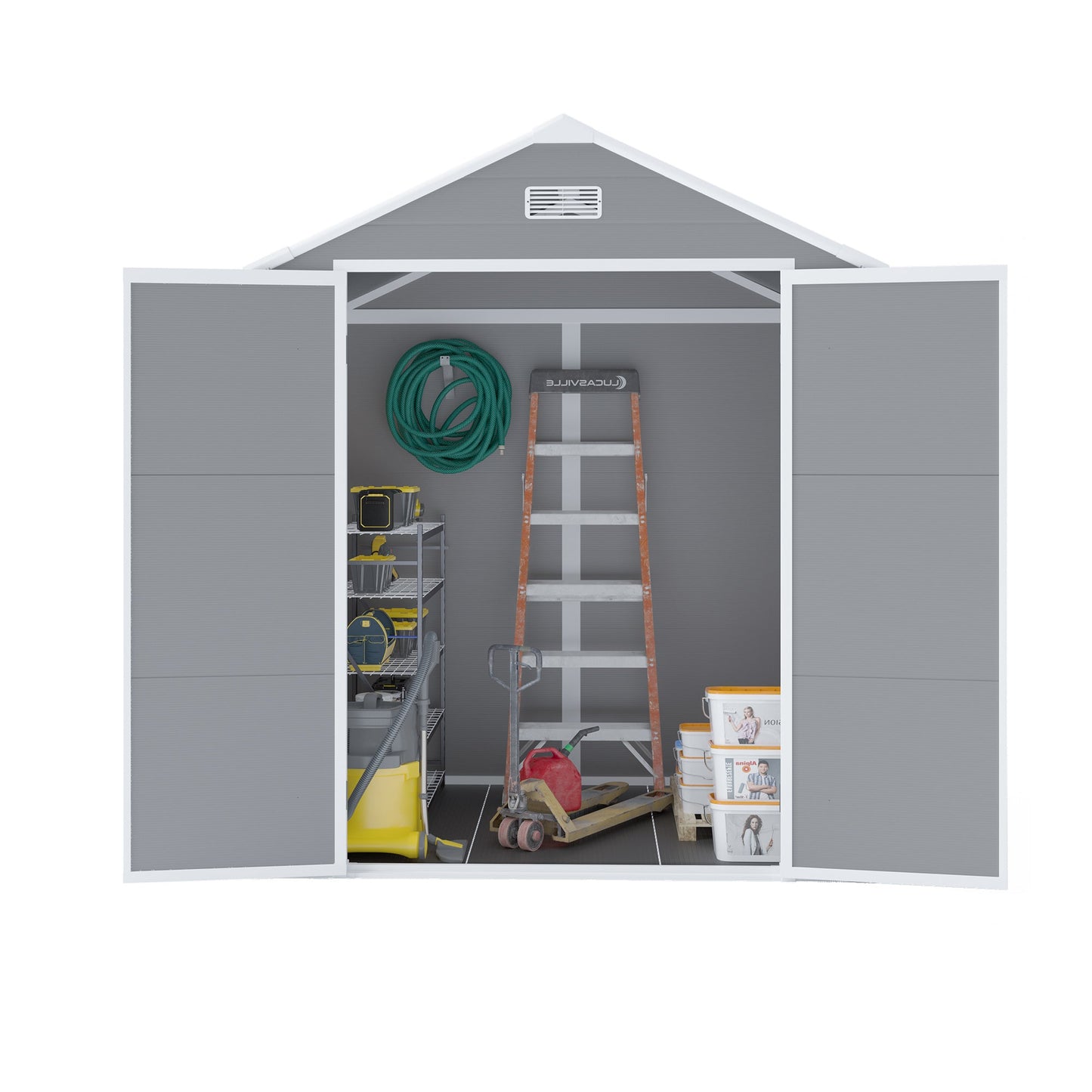 Campcraft 6*5ft resin storage shed, high quality pp material, strong structure, waterproof, rust and UV proof, large storage space, 12mm thick pp board, HD window lighting