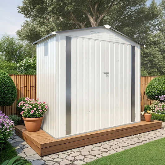 6X3.5FT Metal Storage Shed,Tool Shed with Pitched Roof Watertight with Positive Window and Lockable Door Compact Tool Shed for Garden, Backyard,Patio,Sundries and Bike Storage, White+Gray