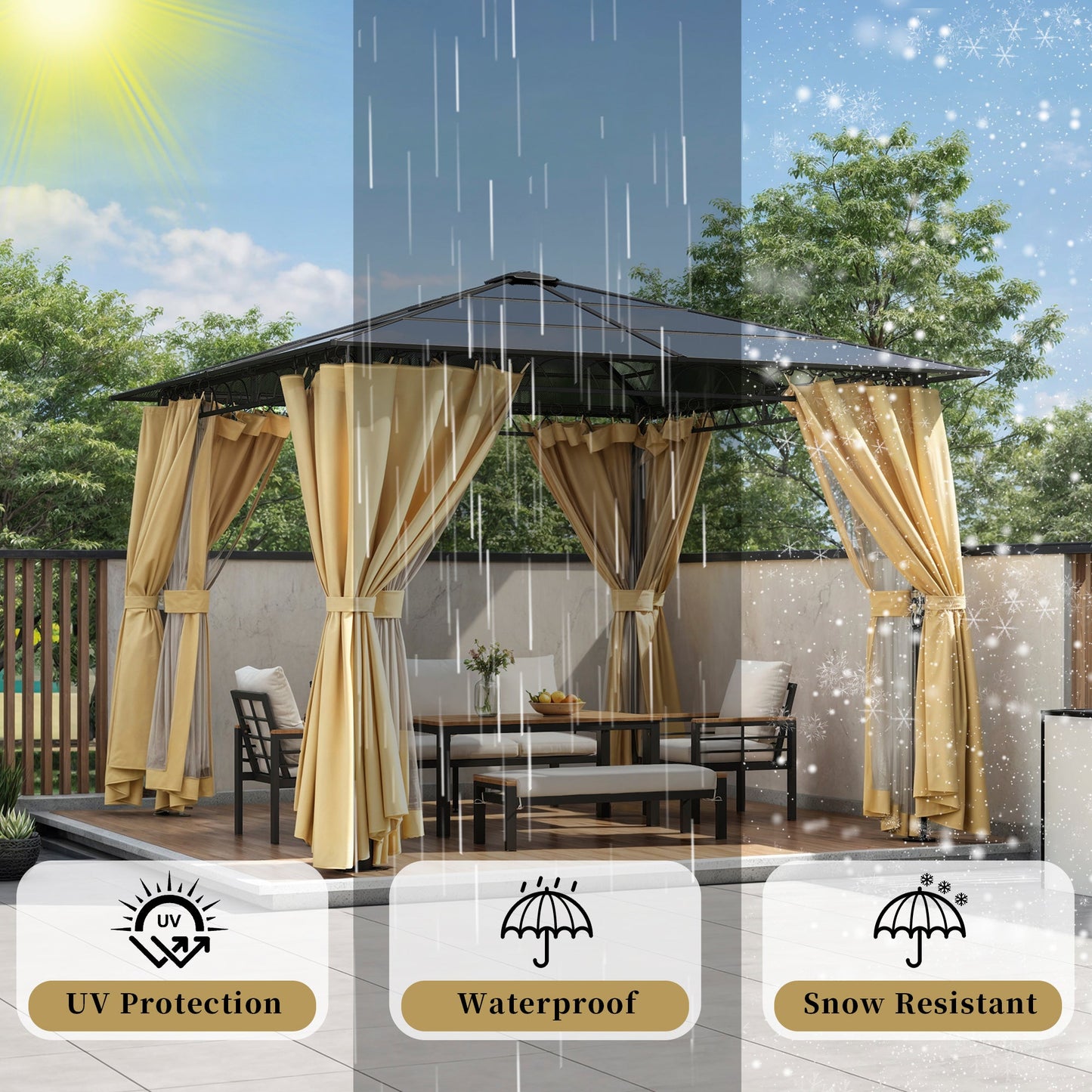 TREXM 10'x10' Hardtop Outdoor Gazebo with Polycarbonate Roof, Patio Gazebo with Aluminum Frame, Mosquito Netting and Privacy Screens for Shade and Rain, Backyard Tent for Backyard, Garden, Lawn(Beige)