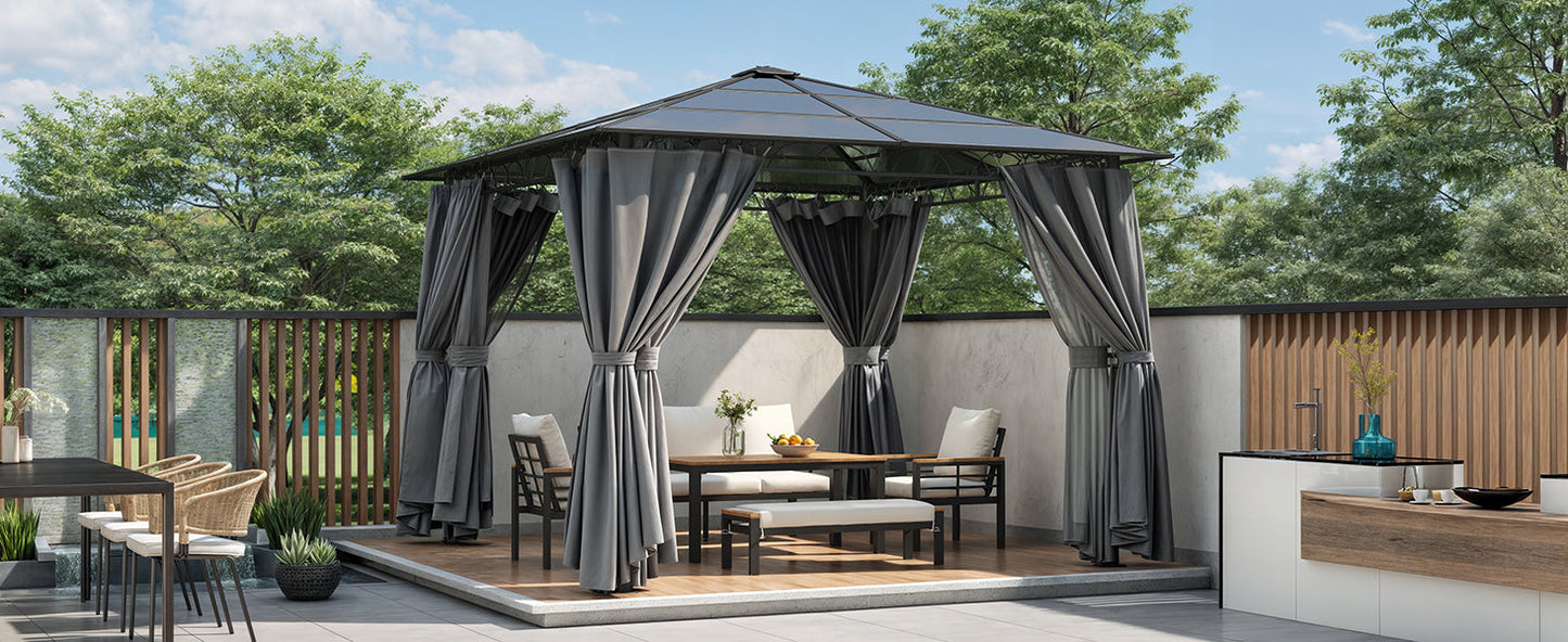 TREXM 10'x10' Hardtop Outdoor Gazebo with Polycarbonate Roof, Patio Gazebo with Aluminum Frame, Mosquito Netting and Privacy Screens for Shade and Rain, Backyard Tent for Backyard, Garden, Lawn (Grey)