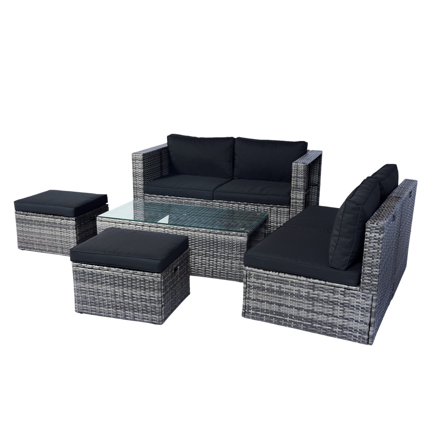6 Piece Patio Wicker Sectional Set Patio Backyard Conversation Set Space Saving Grey Wicker + Black Cushion