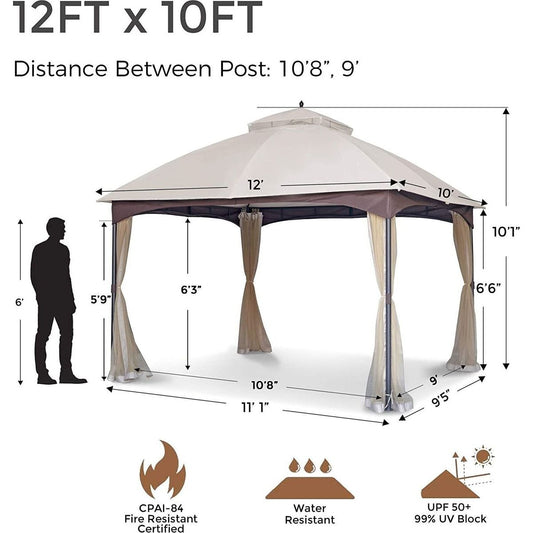 10x12 FT Softtop Metal Gazebo with Mosquito Net&Sunshade Curtains,Sturdy Heavy Duty Double Roof Canopy,Galvanized Steel Design Outdoor Tent,Suitable for Gardens,Patio,Backyard