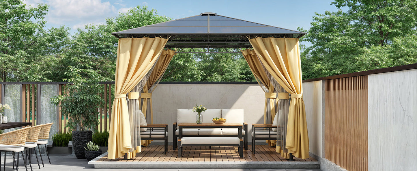 TREXM 10'x10' Hardtop Outdoor Gazebo with Polycarbonate Roof, Patio Gazebo with Aluminum Frame, Mosquito Netting and Privacy Screens for Shade and Rain, Backyard Tent for Backyard, Garden, Lawn(Beige)