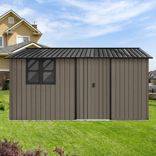 Metal garden sheds 12ftx10ft outdoor storage sheds brown with window with sliding door
