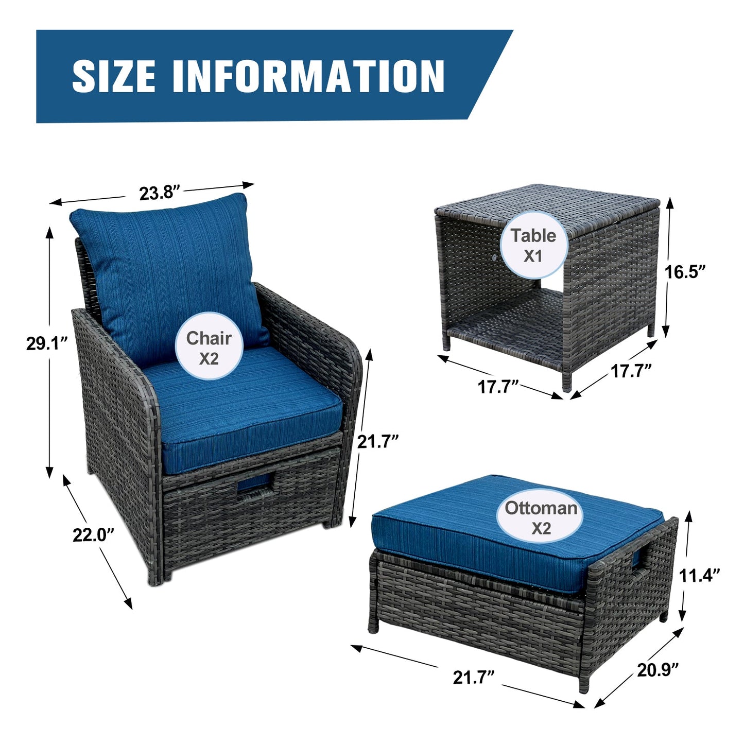 5 Pieces Wicker Patio Furniture Set Outdoor Patio Chairs with Ottomans Conversation Furniture with coffetable for Poolside Garden Balcony
