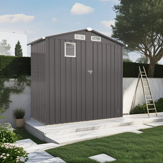 6X 3.5FT Metal Outdoor Storage Shed, Tool Shed with Pitched Roof Watertight with Positive Window and Lockable Door Compact Metal Tool Room for Garden, Backyard, Patio, Sundries and Bike Storage, Gray