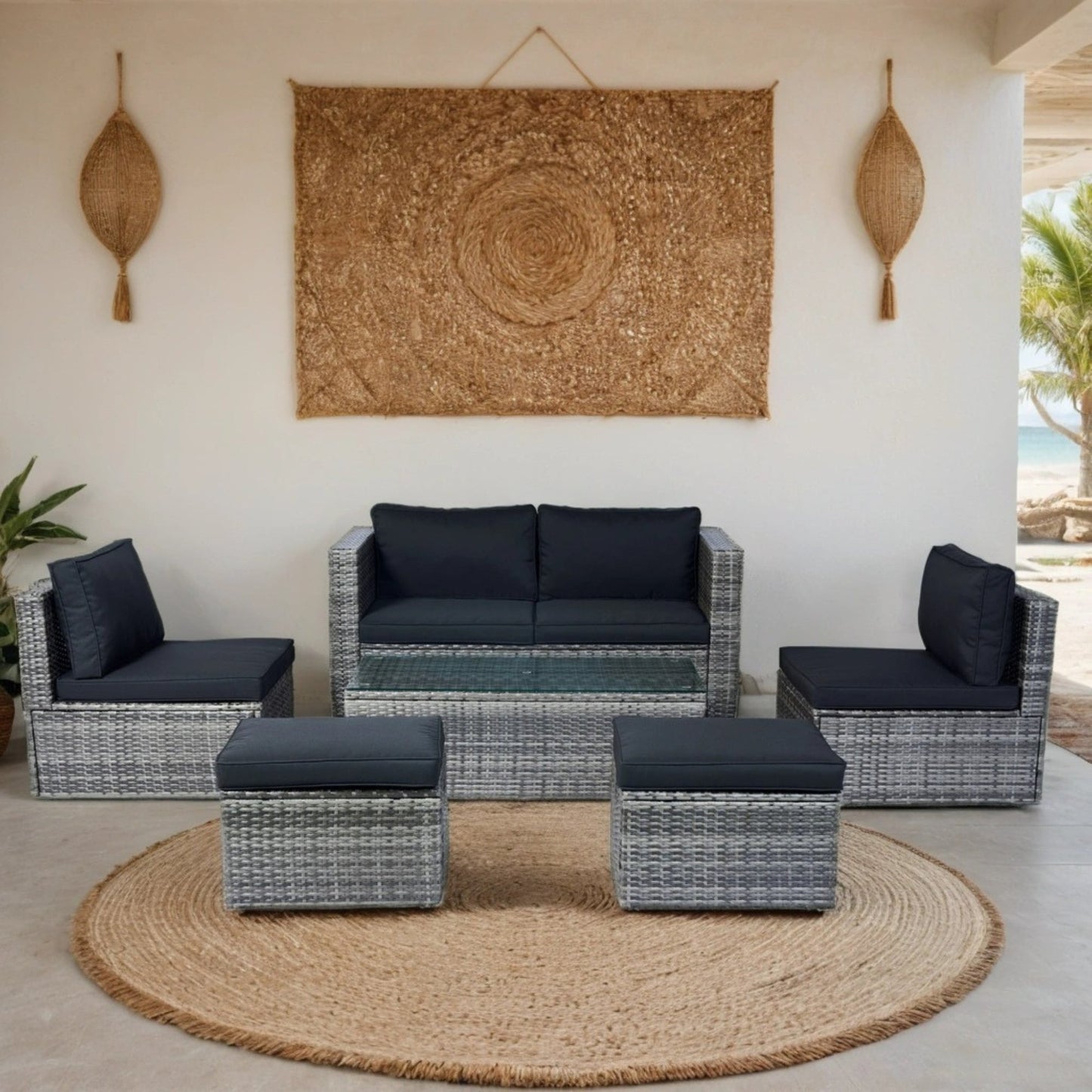 6 Piece Patio Wicker Sectional Set Patio Backyard Conversation Set Space Saving Grey Wicker + Black Cushion