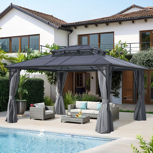 12x16FT Hardtop Gazebo Double Roof Canopy Outdoor with Netting and Curtains, Aluminum Frame Polycarbonate Roof Garden Tent for Patio, Backyard, Deck, and Lawn