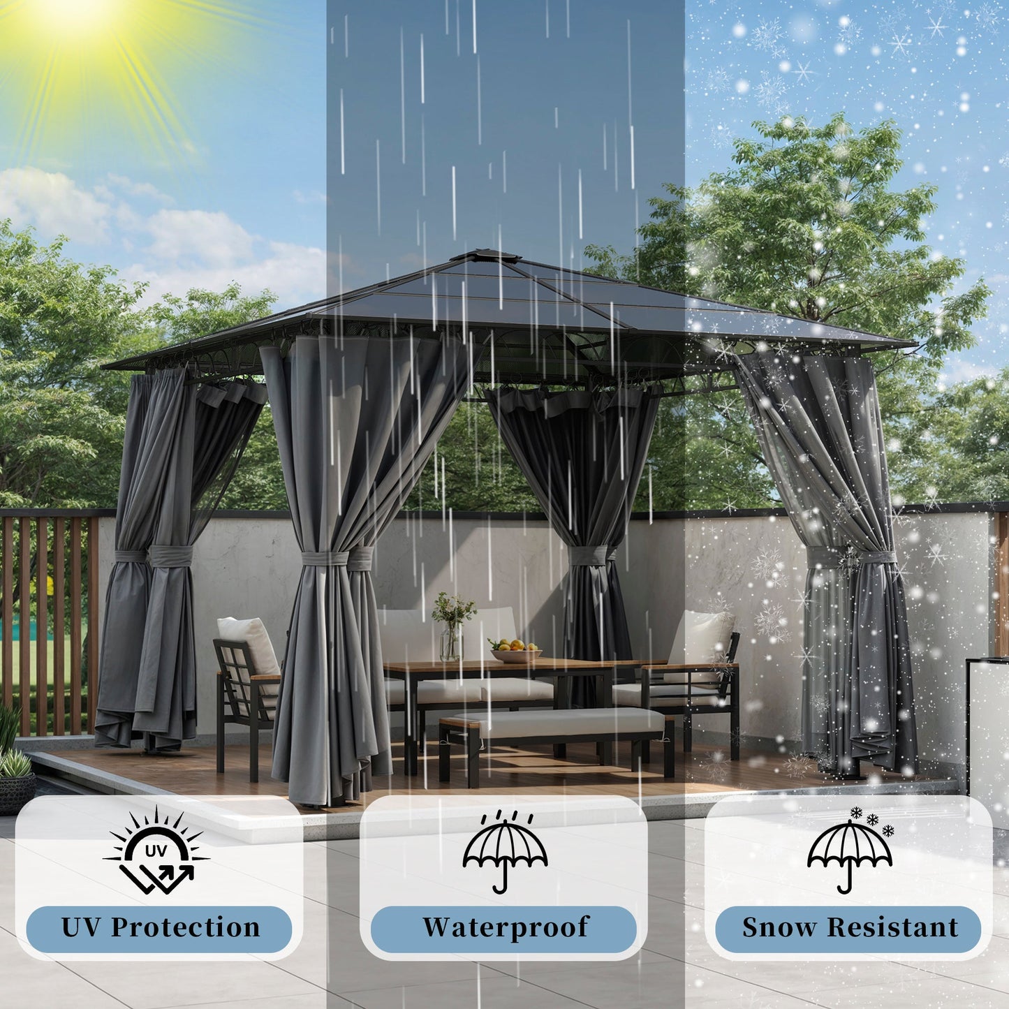 TREXM 10'x10' Hardtop Outdoor Gazebo with Polycarbonate Roof, Patio Gazebo with Aluminum Frame, Mosquito Netting and Privacy Screens for Shade and Rain, Backyard Tent for Backyard, Garden, Lawn (Grey)