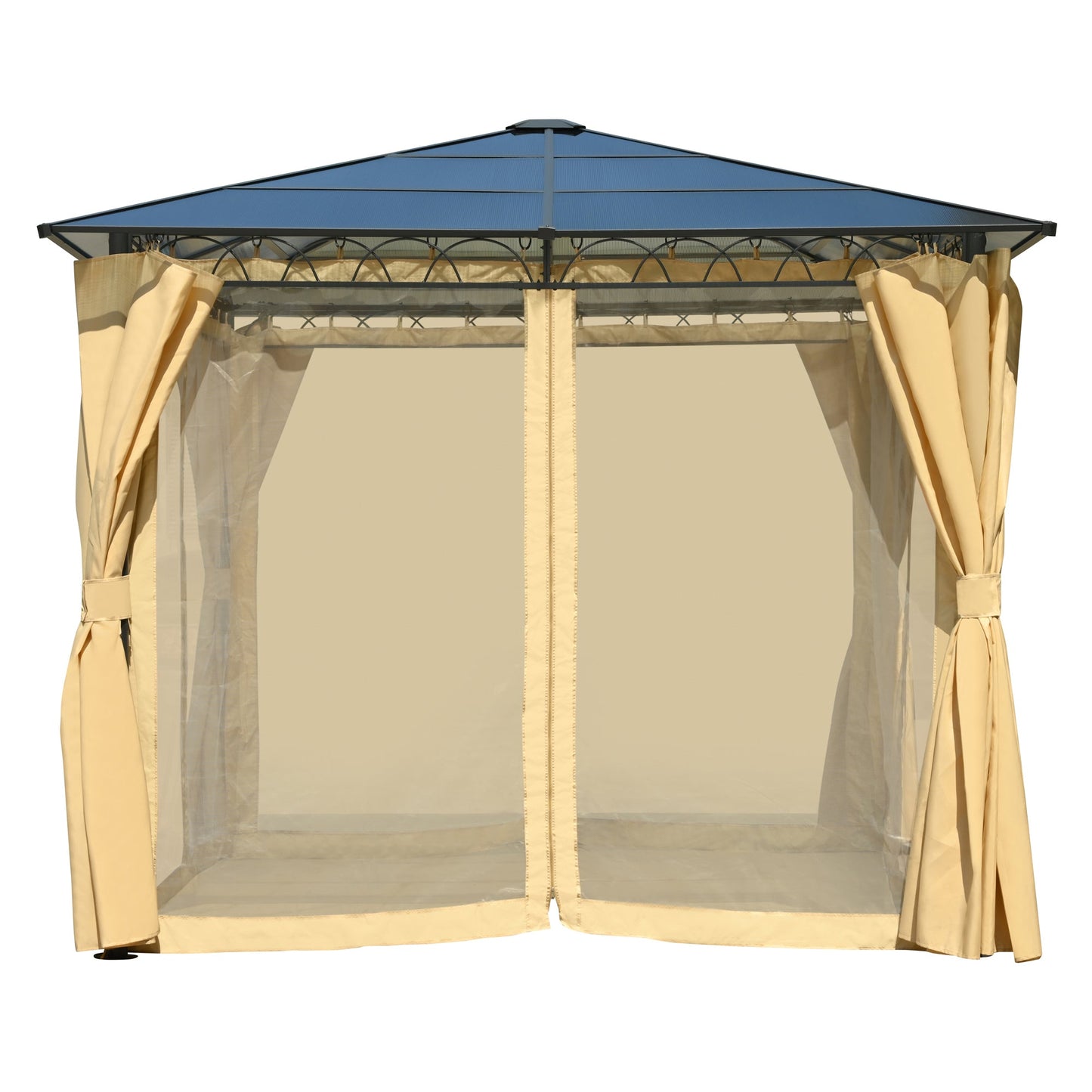 TREXM 10'x10' Hardtop Outdoor Gazebo with Polycarbonate Roof, Patio Gazebo with Aluminum Frame, Mosquito Netting and Privacy Screens for Shade and Rain, Backyard Tent for Backyard, Garden, Lawn(Beige)