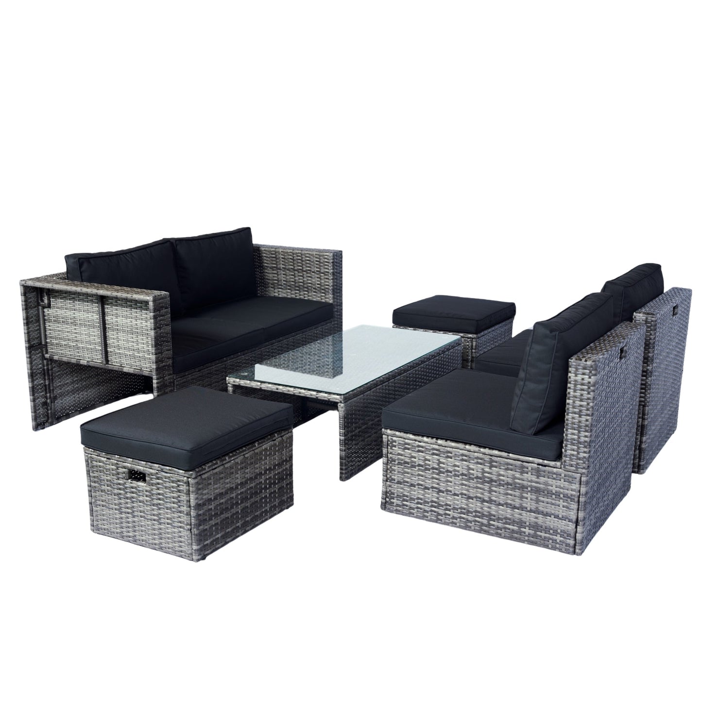 6 Piece Patio Wicker Sectional Set Patio Backyard Conversation Set Space Saving Grey Wicker + Black Cushion