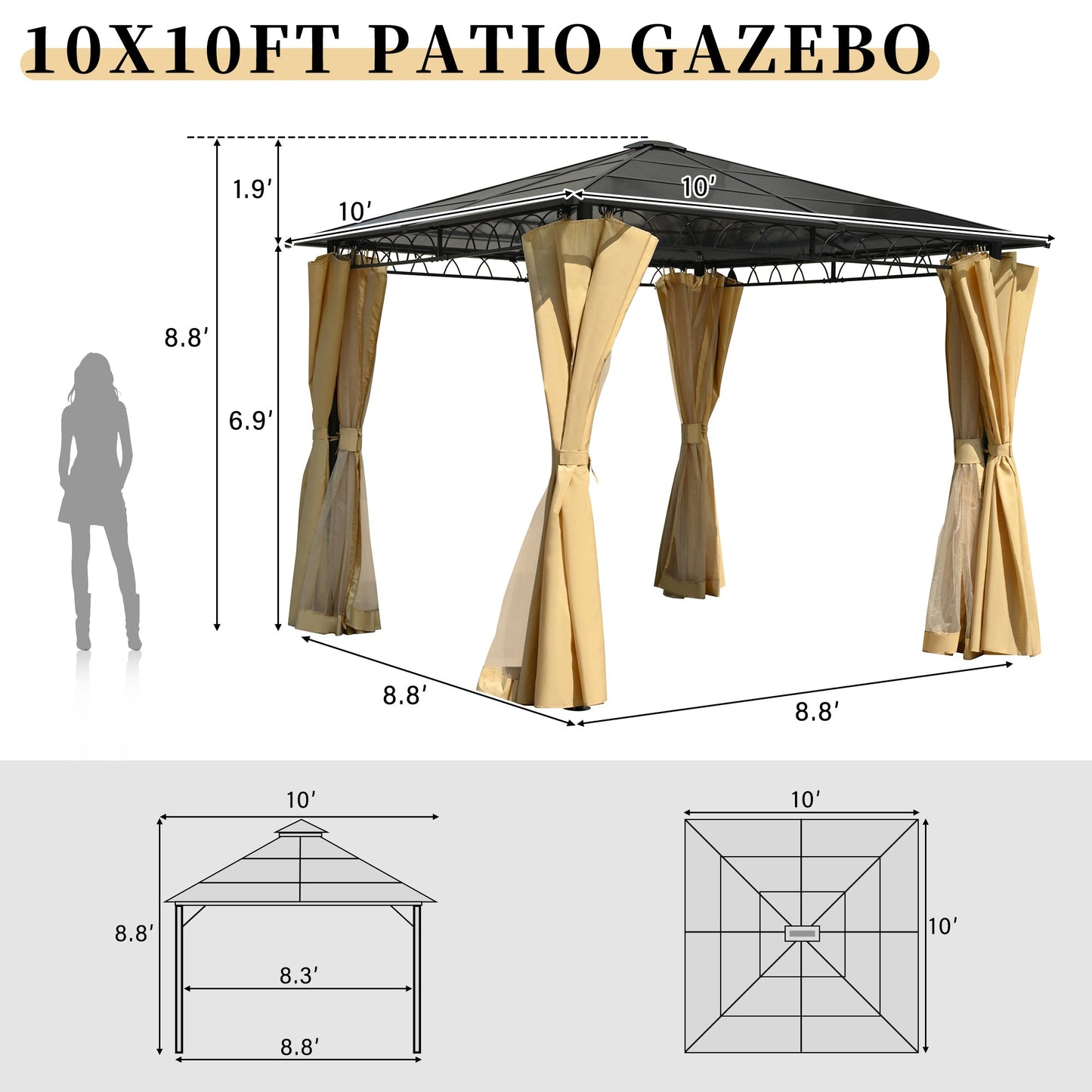TREXM 10'x10' Hardtop Outdoor Gazebo with Polycarbonate Roof, Patio Gazebo with Aluminum Frame, Mosquito Netting and Privacy Screens for Shade and Rain, Backyard Tent for Backyard, Garden, Lawn(Beige)