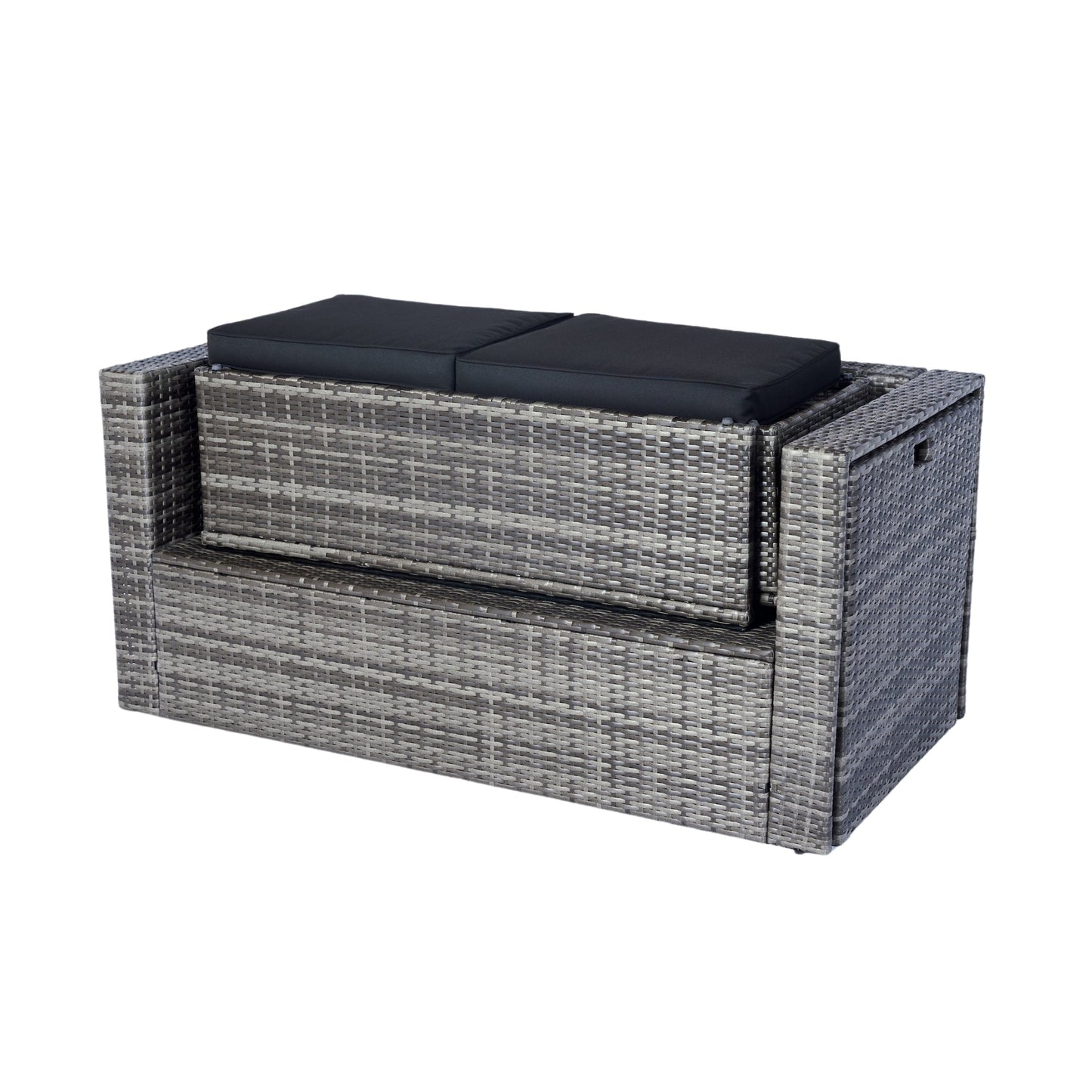 6 Piece Patio Wicker Sectional Set Patio Backyard Conversation Set Space Saving Grey Wicker + Black Cushion
