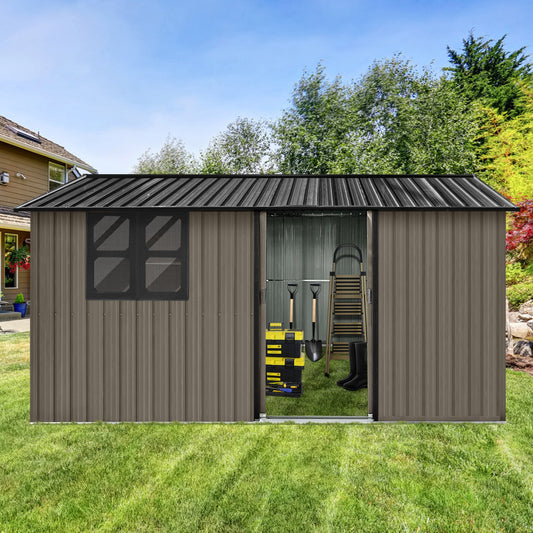 Metal garden sheds 12ftx10ft outdoor storage sheds brown with window with sliding door