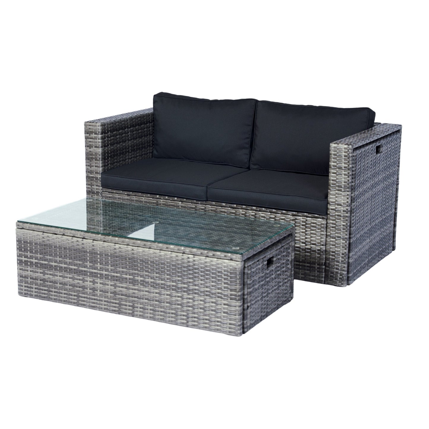 6 Piece Patio Wicker Sectional Set Patio Backyard Conversation Set Space Saving Grey Wicker + Black Cushion