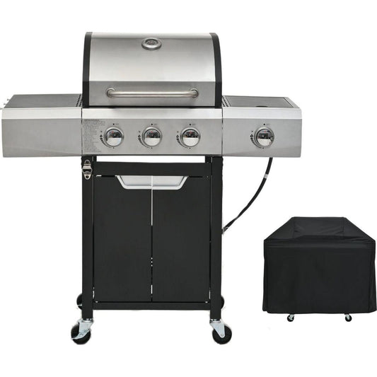 Propane Grill 3 Burner Barbecue Grill Stainless Steel Gas Grill with Side Burner and Cover for Outdoor BBQ, Camping