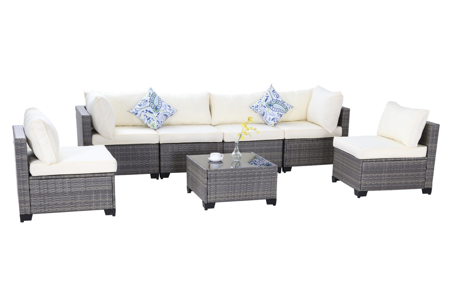 All-Weather 7-Piece Gray PE Wicker Patio Conversation Set with Beige Cushions and coffee table