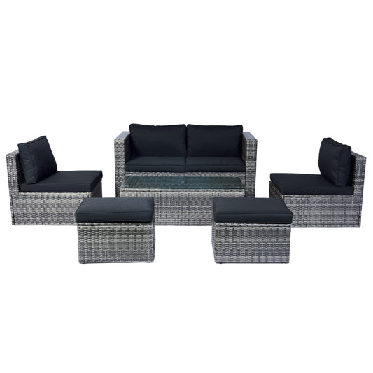 6 Piece Patio Wicker Sectional Set Patio Backyard Conversation Set Space Saving Grey Wicker + Black Cushion