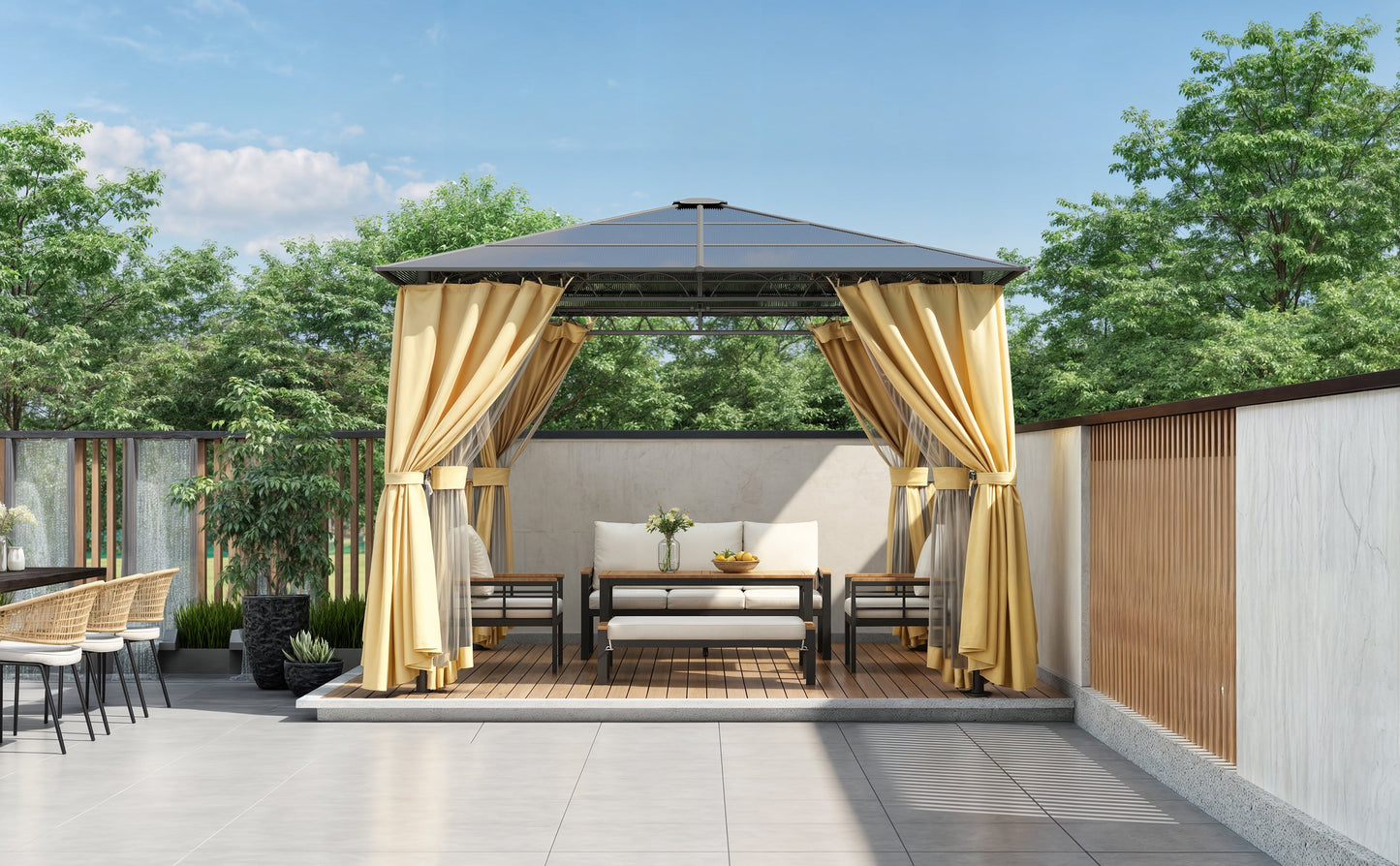 TREXM 10'x10' Hardtop Outdoor Gazebo with Polycarbonate Roof, Patio Gazebo with Aluminum Frame, Mosquito Netting and Privacy Screens for Shade and Rain, Backyard Tent for Backyard, Garden, Lawn(Beige)
