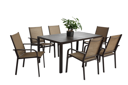 7 Pieces Patio Dining Set,  Outdoor Furniture Table and 6 Textilene Chairs, Outdoor Furniture with Rectangular Table and 6 Stackable Chairs Family Conversation Set for Garden Backyard Deck-Brown