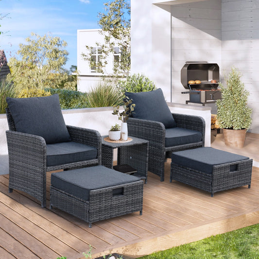 5 Pieces Wicker Patio Furniture Set Outdoor Patio Chairs with Ottomans Conversation Furniture with coffetable for Poolside Garden Balcony