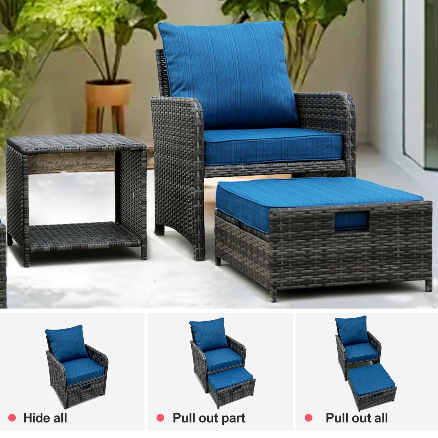 5 Pieces Wicker Patio Furniture Set Outdoor Patio Chairs with Ottomans Conversation Furniture with coffetable for Poolside Garden Balcony