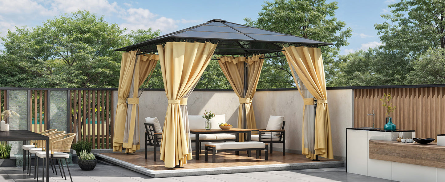 TREXM 10'x10' Hardtop Outdoor Gazebo with Polycarbonate Roof, Patio Gazebo with Aluminum Frame, Mosquito Netting and Privacy Screens for Shade and Rain, Backyard Tent for Backyard, Garden, Lawn(Beige)
