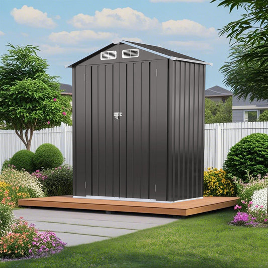 5X3 FT Compact Metal Outdoor Storage Shed with Pitched Roof, Lockable Door, Gray