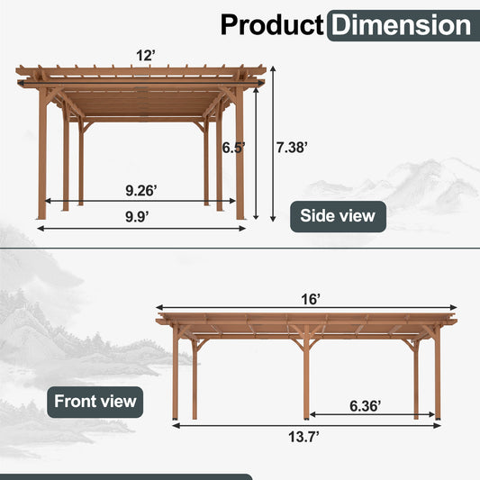 12' x 16' Outdoor Gazebo Wooden Grape pergola for Climbing Plant Support, Garden, Terrace, Backyard, Deck, Brown