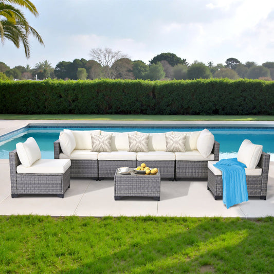 All-Weather 7-Piece Gray PE Wicker Patio Conversation Set with Beige Cushions and coffee table
