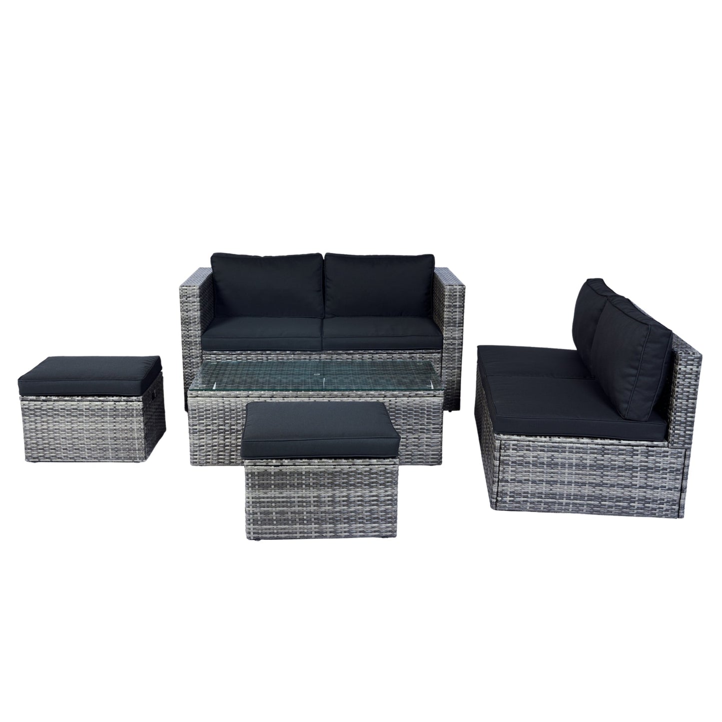6 Piece Patio Wicker Sectional Set Patio Backyard Conversation Set Space Saving Grey Wicker + Black Cushion