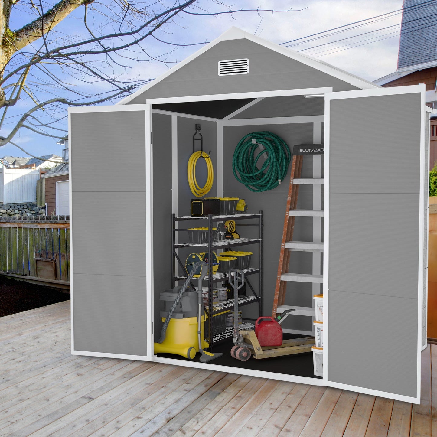 Campcraft 6*5ft resin storage shed, high quality pp material, strong structure, waterproof, rust and UV proof, large storage space, 12mm thick pp board, HD window lighting