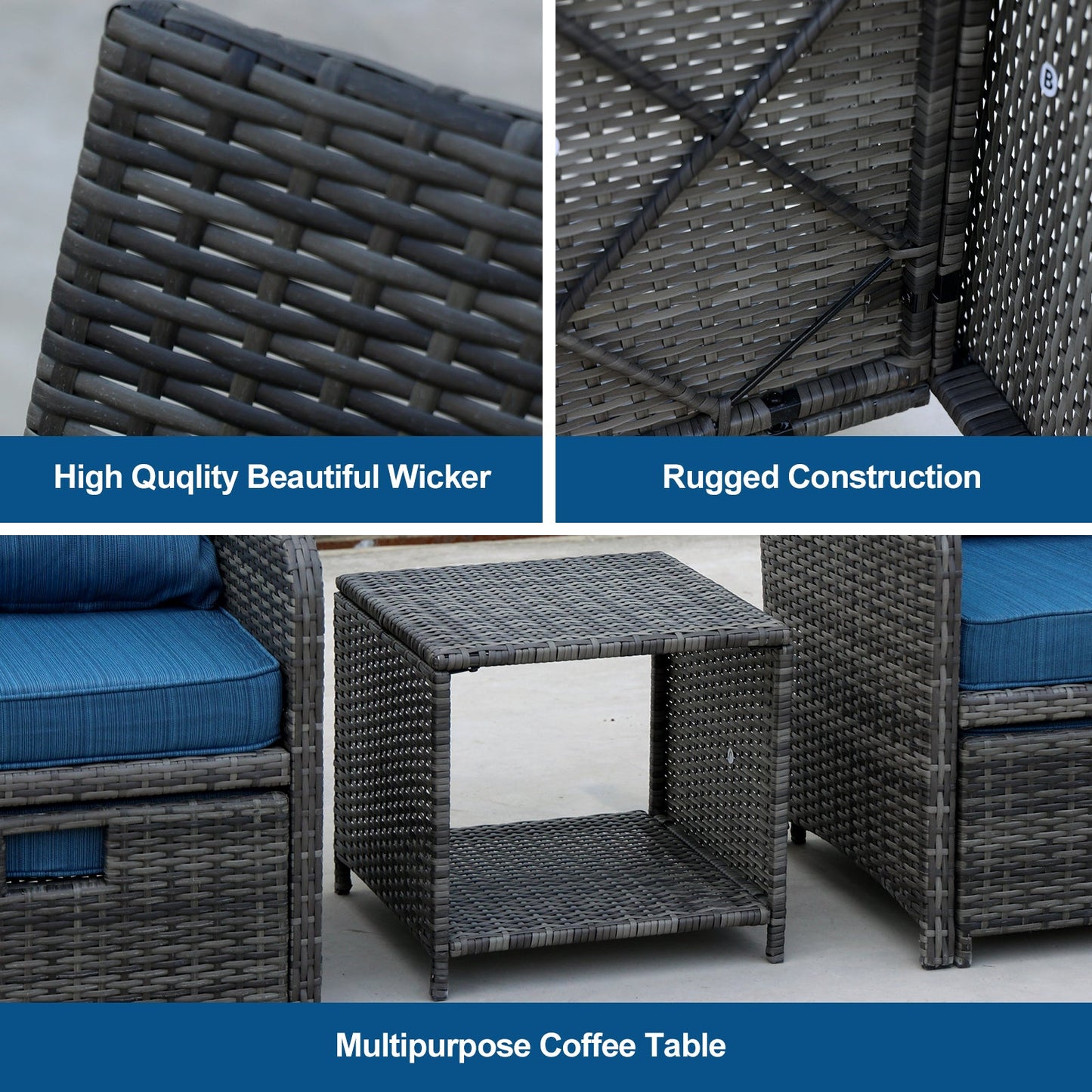 5 Pieces Wicker Patio Furniture Set Outdoor Patio Chairs with Ottomans Conversation Furniture with coffetable for Poolside Garden Balcony