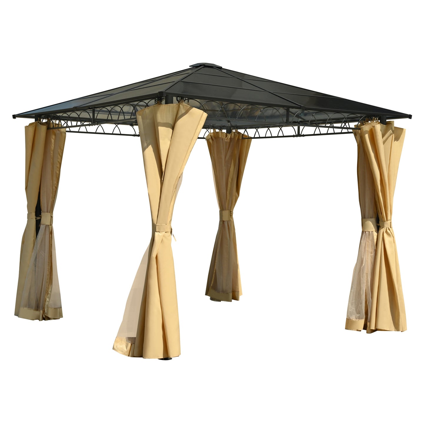 TREXM 10'x10' Hardtop Outdoor Gazebo with Polycarbonate Roof, Patio Gazebo with Aluminum Frame, Mosquito Netting and Privacy Screens for Shade and Rain, Backyard Tent for Backyard, Garden, Lawn(Beige)