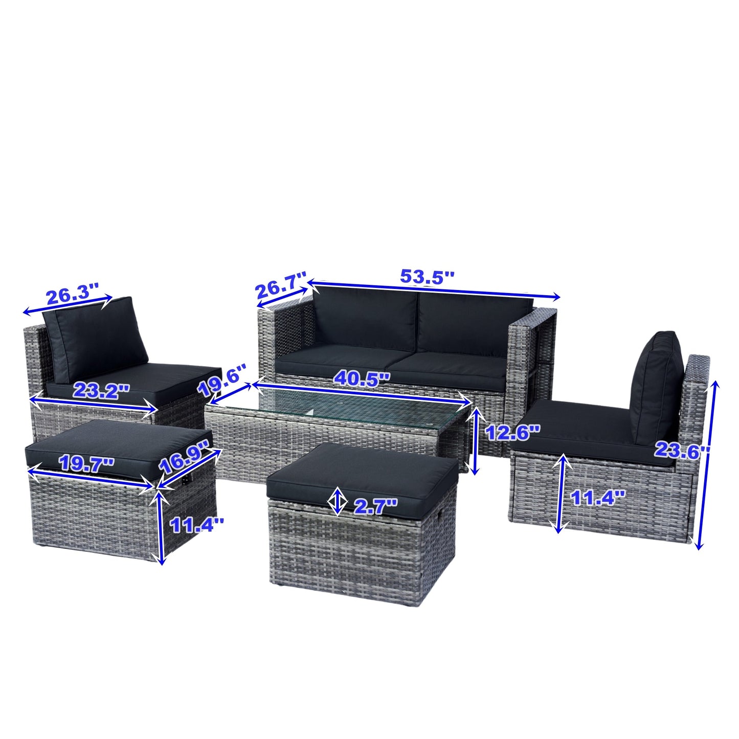 6 Piece Patio Wicker Sectional Set Patio Backyard Conversation Set Space Saving Grey Wicker + Black Cushion