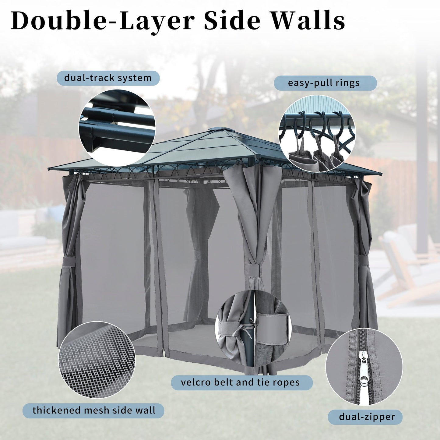 TREXM 10'x10' Hardtop Outdoor Gazebo with Polycarbonate Roof, Patio Gazebo with Aluminum Frame, Mosquito Netting and Privacy Screens for Shade and Rain, Backyard Tent for Backyard, Garden, Lawn (Grey)