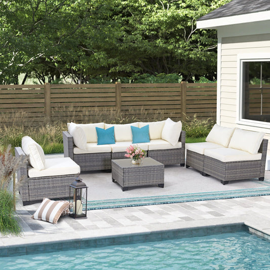 All-Weather 7-Piece Gray PE Wicker Patio Conversation Set with Beige Cushions and coffee table