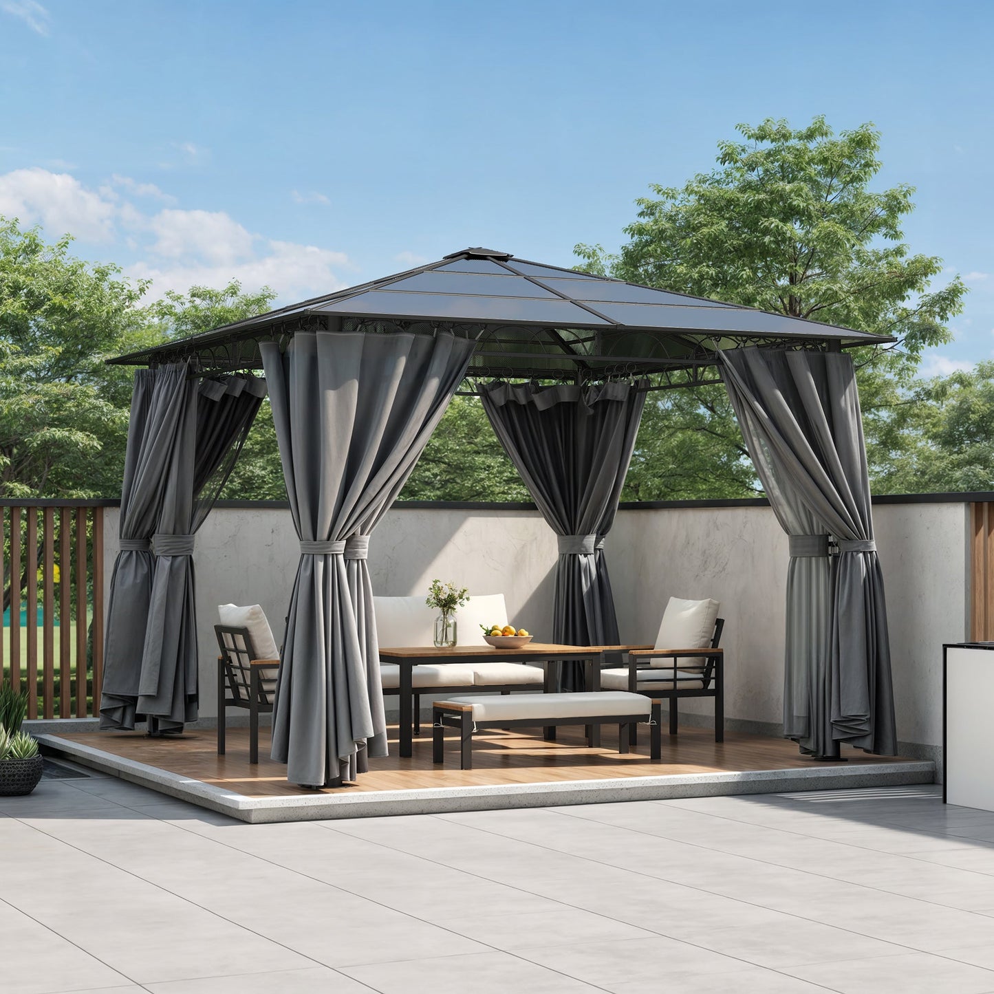 TREXM 10'x10' Hardtop Outdoor Gazebo with Polycarbonate Roof, Patio Gazebo with Aluminum Frame, Mosquito Netting and Privacy Screens for Shade and Rain, Backyard Tent for Backyard, Garden, Lawn (Grey)
