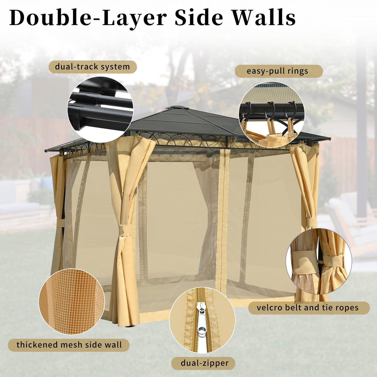 TREXM 10'x10' Hardtop Outdoor Gazebo with Polycarbonate Roof, Patio Gazebo with Aluminum Frame, Mosquito Netting and Privacy Screens for Shade and Rain, Backyard Tent for Backyard, Garden, Lawn(Beige)
