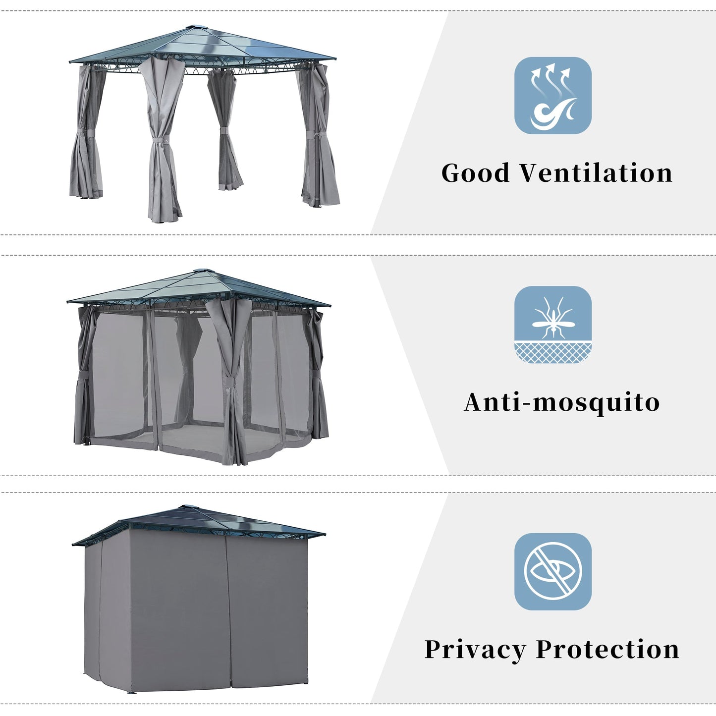TREXM 10'x10' Hardtop Outdoor Gazebo with Polycarbonate Roof, Patio Gazebo with Aluminum Frame, Mosquito Netting and Privacy Screens for Shade and Rain, Backyard Tent for Backyard, Garden, Lawn (Grey)