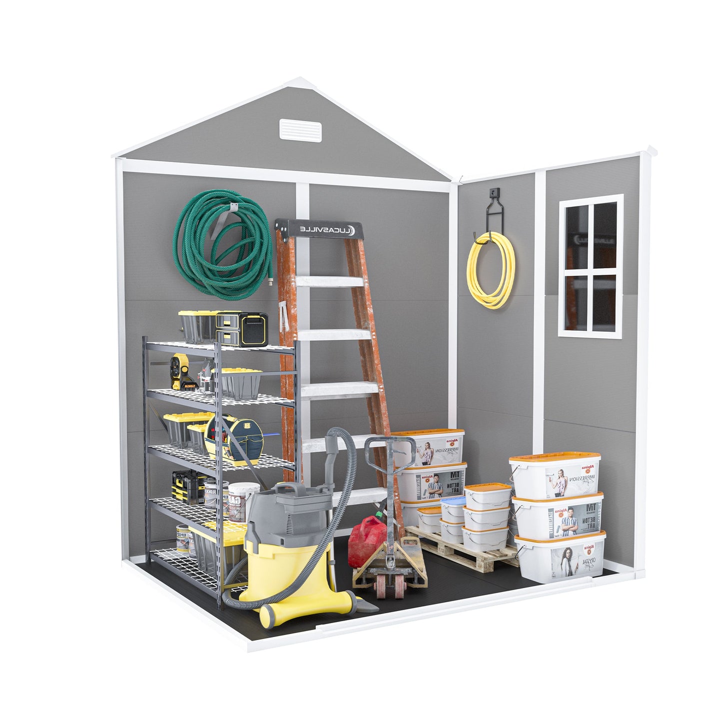 Campcraft 6*5ft resin storage shed, high quality pp material, strong structure, waterproof, rust and UV proof, large storage space, 12mm thick pp board, HD window lighting