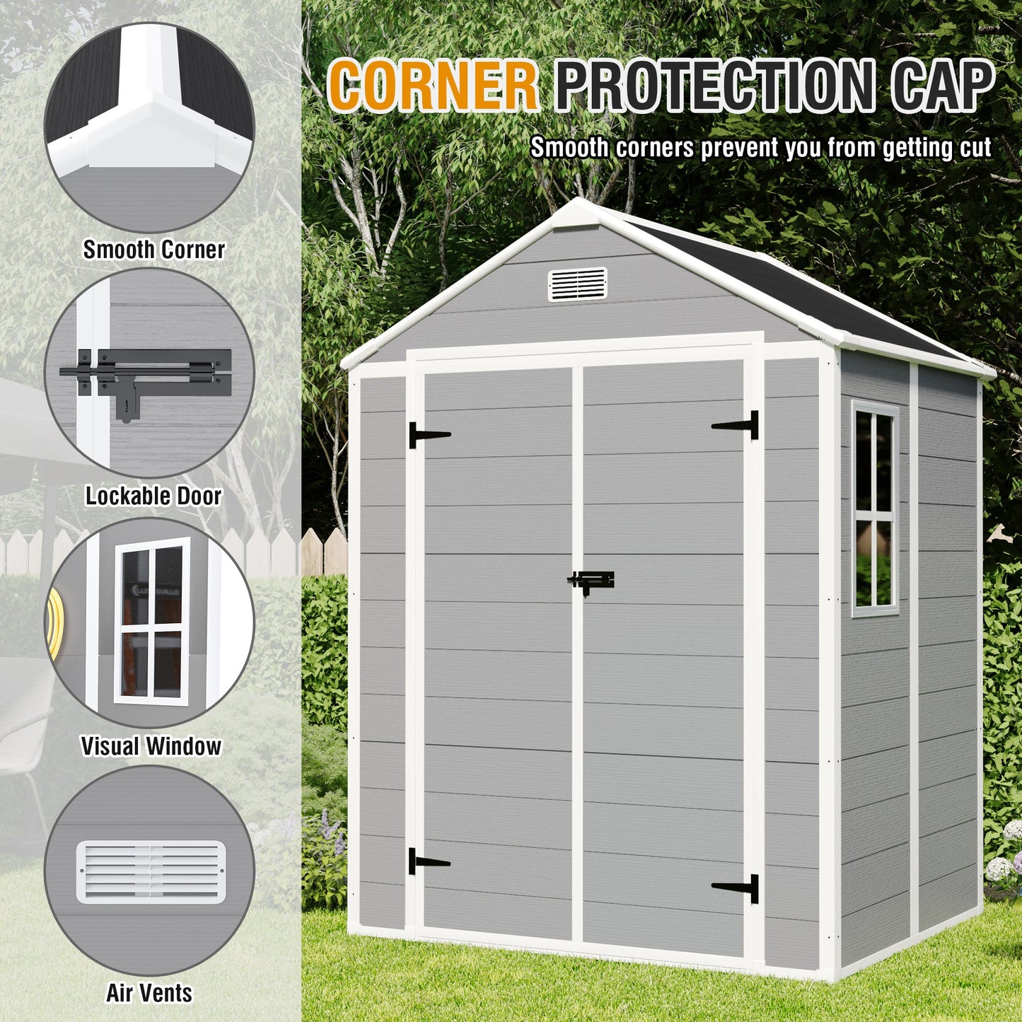 Campcraft 6*5ft resin storage shed, high quality pp material, strong structure, waterproof, rust and UV proof, large storage space, 12mm thick pp board, HD window lighting